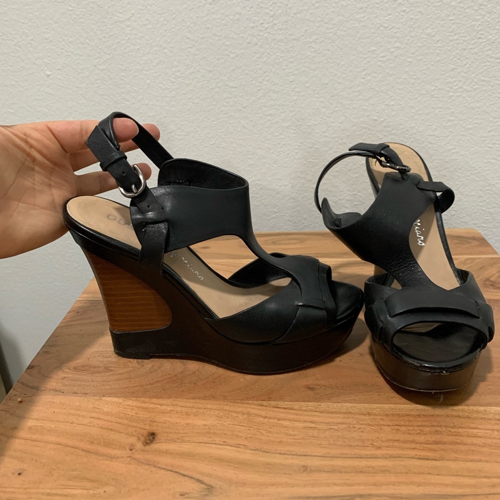 Black and brown leather Marciano wedges.